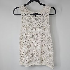 Express Sparkling Cream Open Crochet Knit Sleeveless Scoop Neck Top Dainty Fem